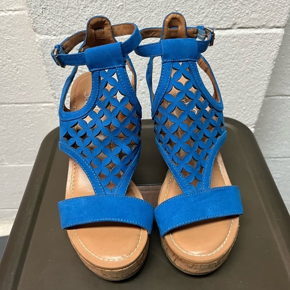 Franco Sarto Shoes - Franco Sarto Blue and Tan Laser-Cut Sandals with Cork Sole